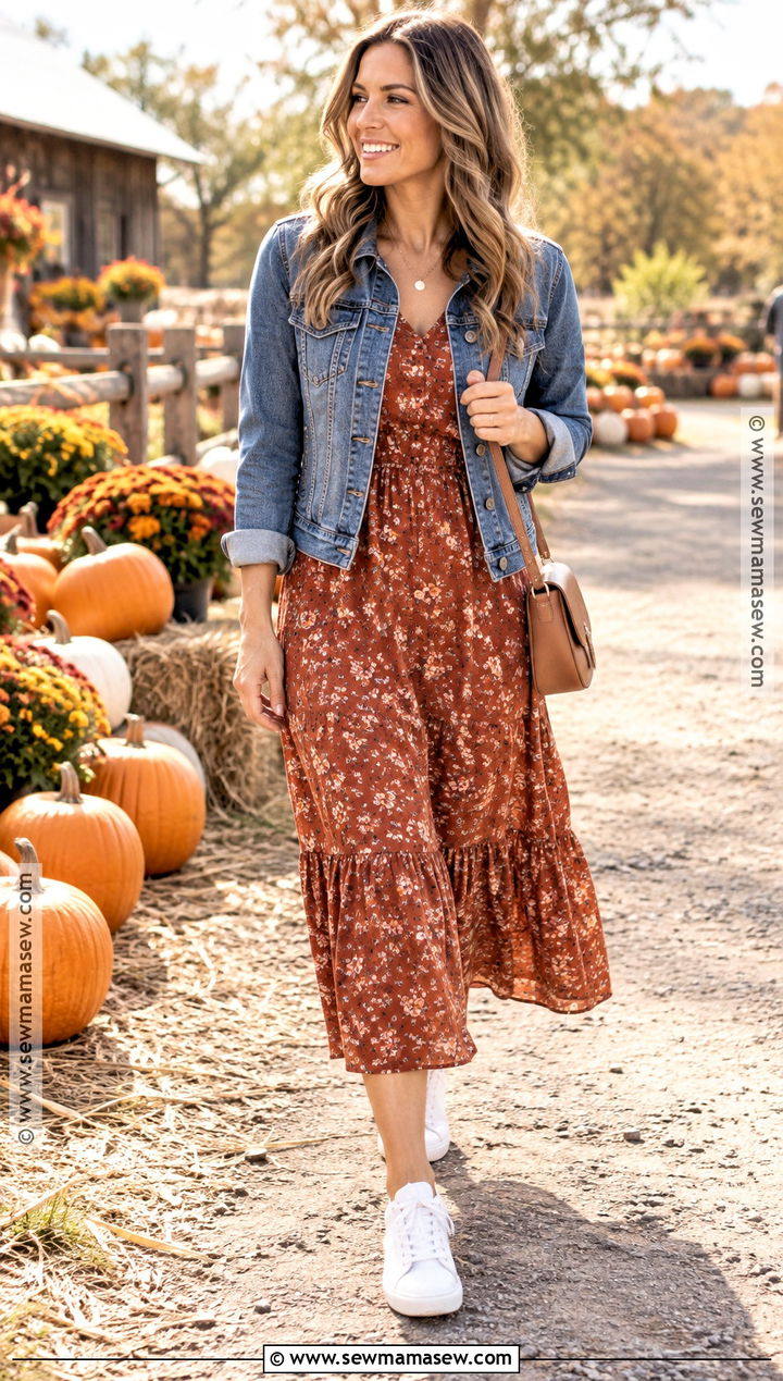 Denim Jacket and Midi Dress Pumpkin Patch Outfit - 20 Pumpkin Patch Mom Outfit Ideas