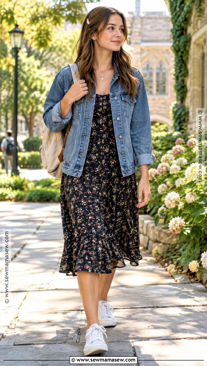 Denim Jacket and Midi Dress School Outfit - 20 aesthetic fall outfits for school