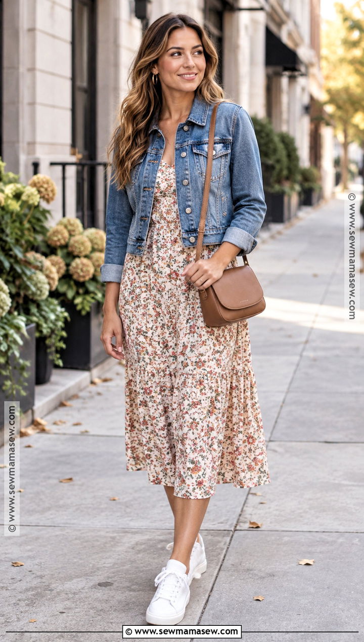 Denim Jacket and Midi Dress September Outfit - 15 september style challenge ideas