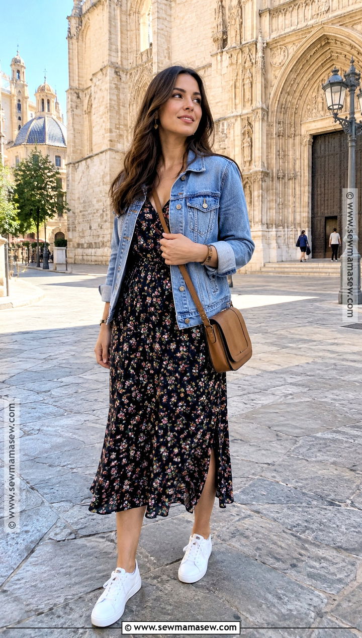 Denim Jacket and Midi Dress Spain October Outfit - 20 spain in october outfits