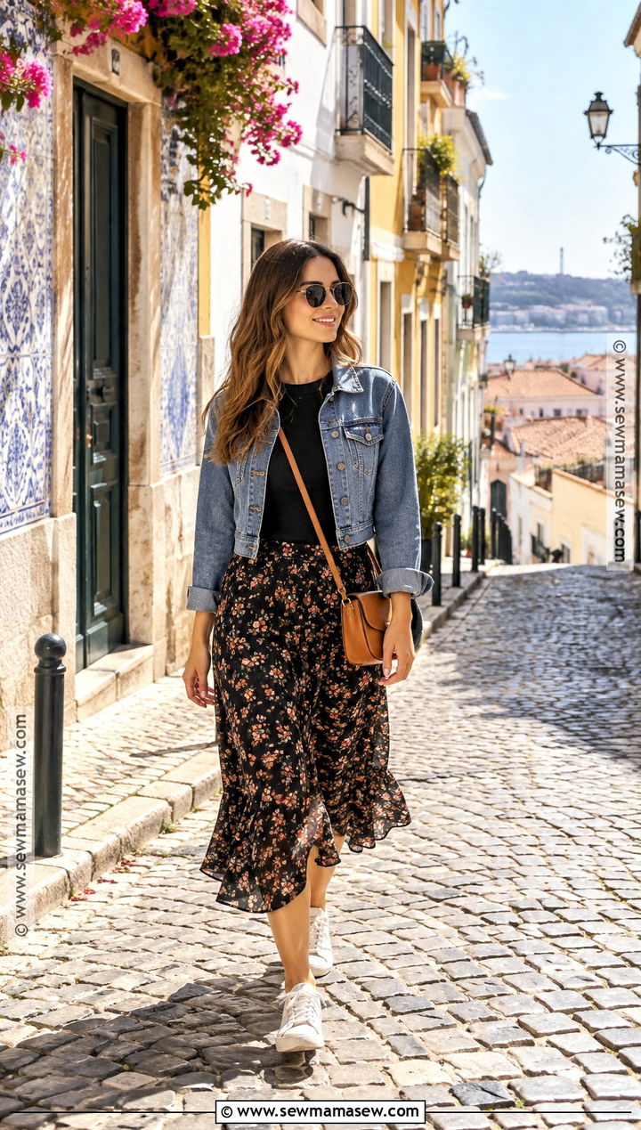 Denim Jacket and Midi Skirt Europe Outfit - 15 fall europe travel capsule ideas