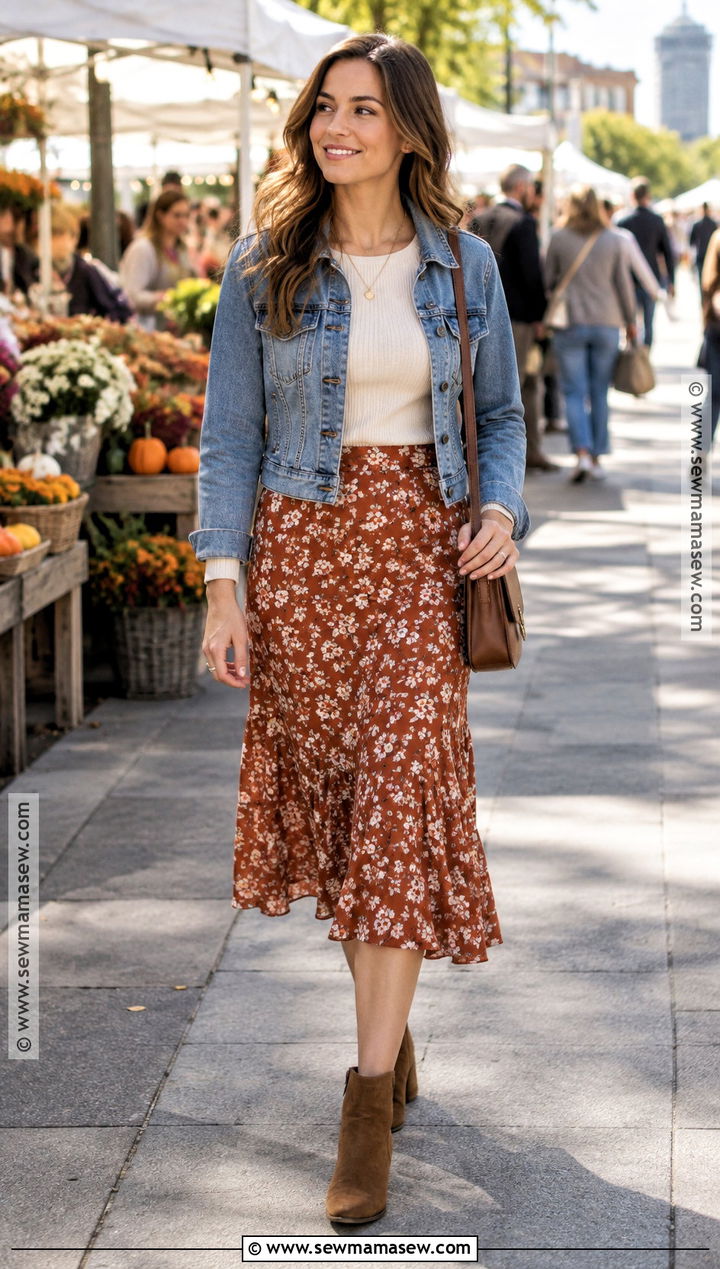 Denim Jacket and Midi Skirt Fall Outfit - 15 cute fall and christmas outfits