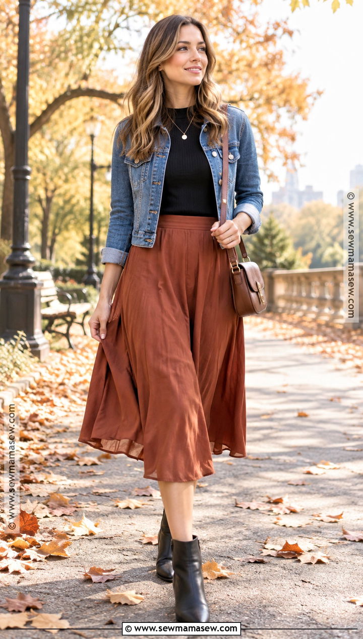 Denim Jacket and Midi Skirt Fall Outfit - 15 stylish fall outfits casual
