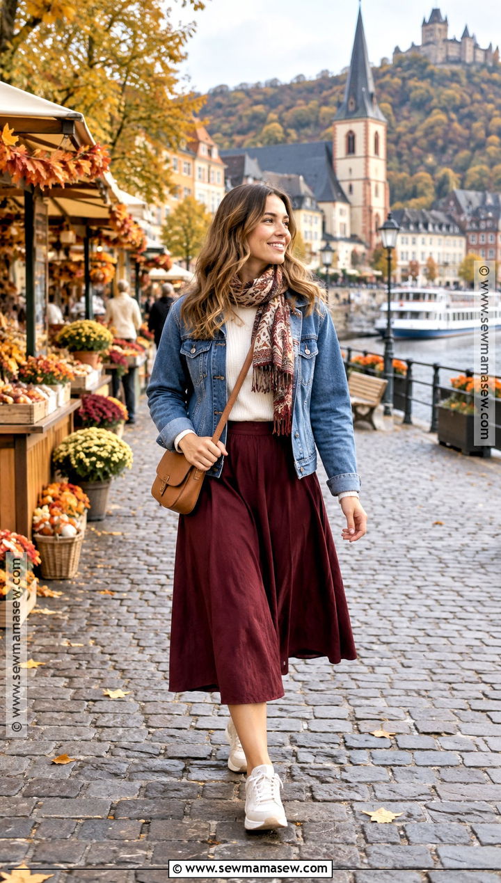 Denim Jacket and Midi Skirt River Cruise Outfit - 15 european river cruise wardrobe fall ideas