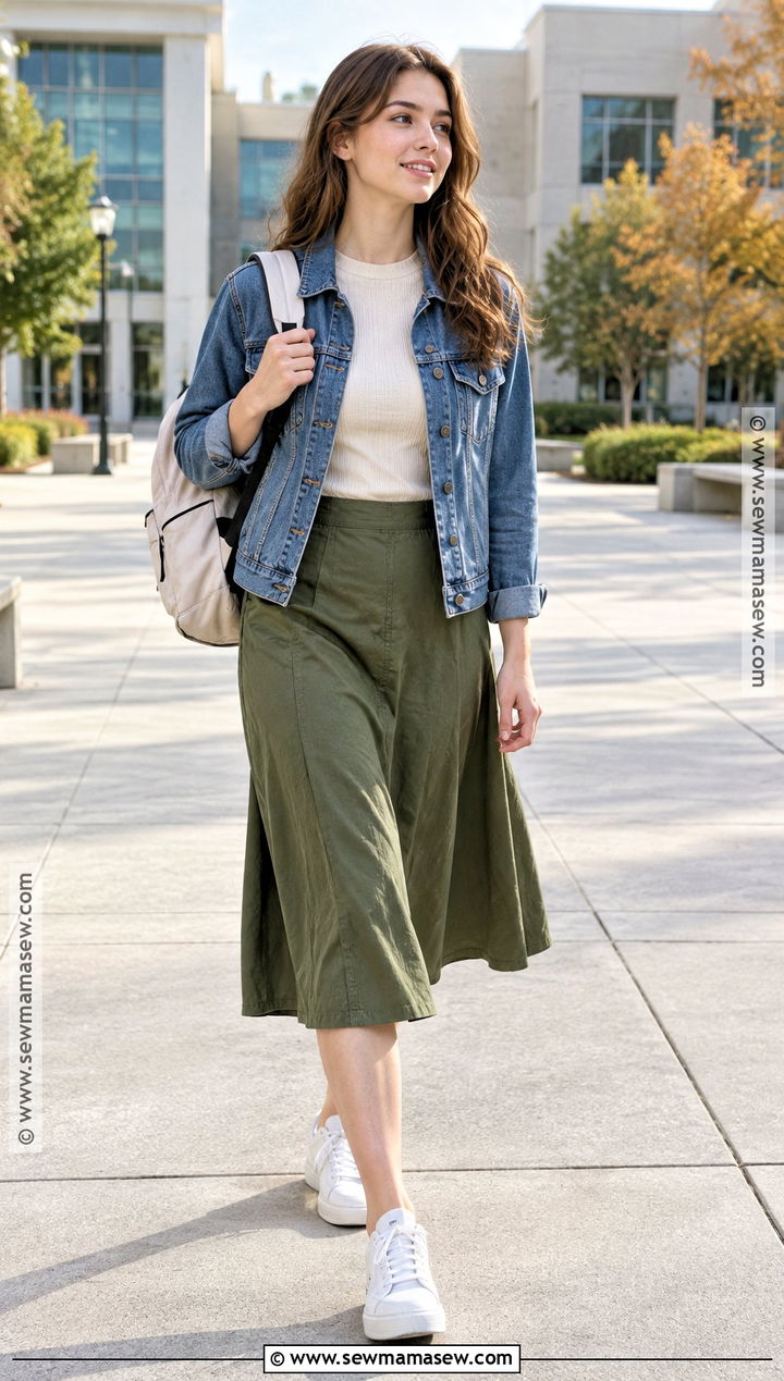 Denim Jacket and Midi Skirt School Outfit - 25 outfits for school autumn