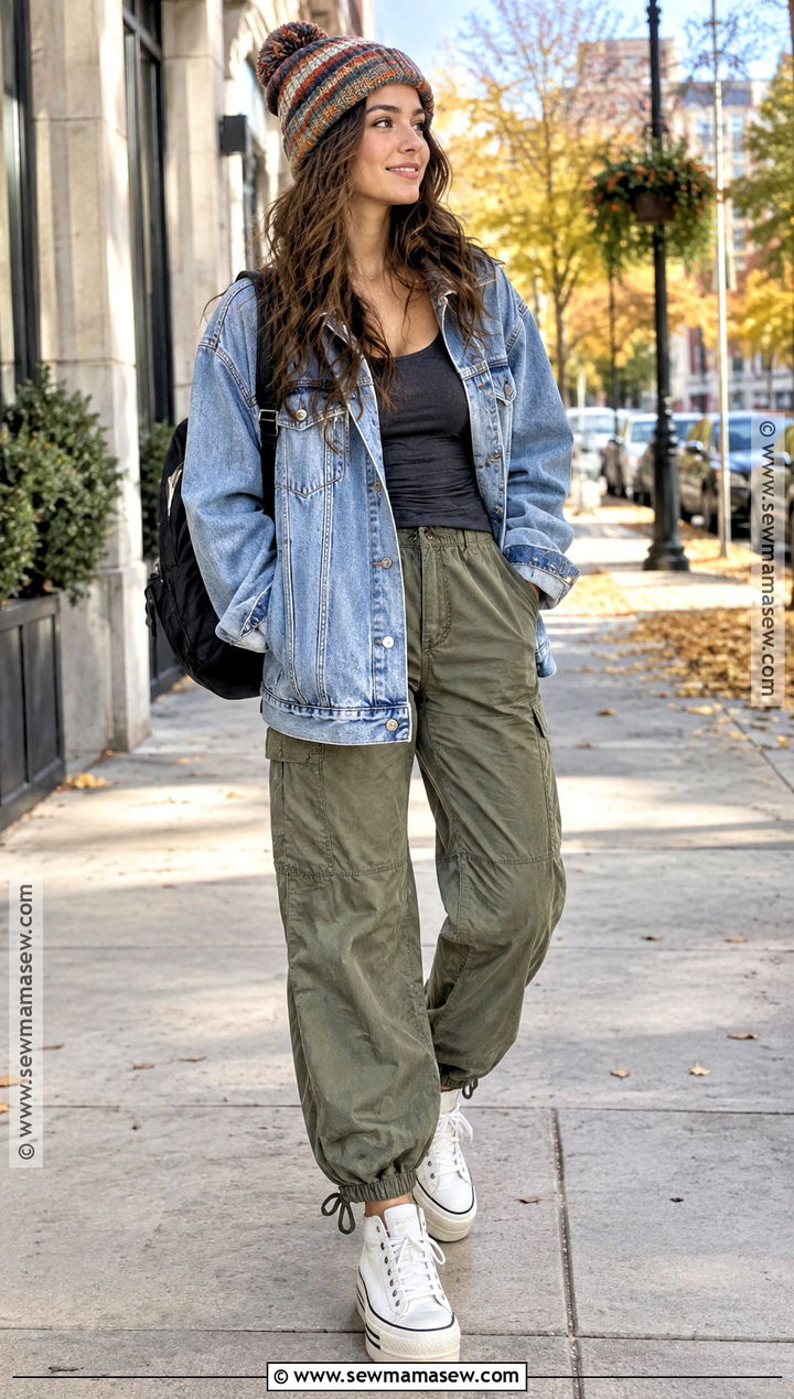 Denim Jacket and Parachute Pants Outfit - 15 Fall Outfits Streetwear for Women