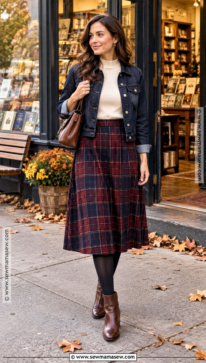 Denim Jacket and Plaid Midi Skirt Fall Outfit - 20 style for fall ideas