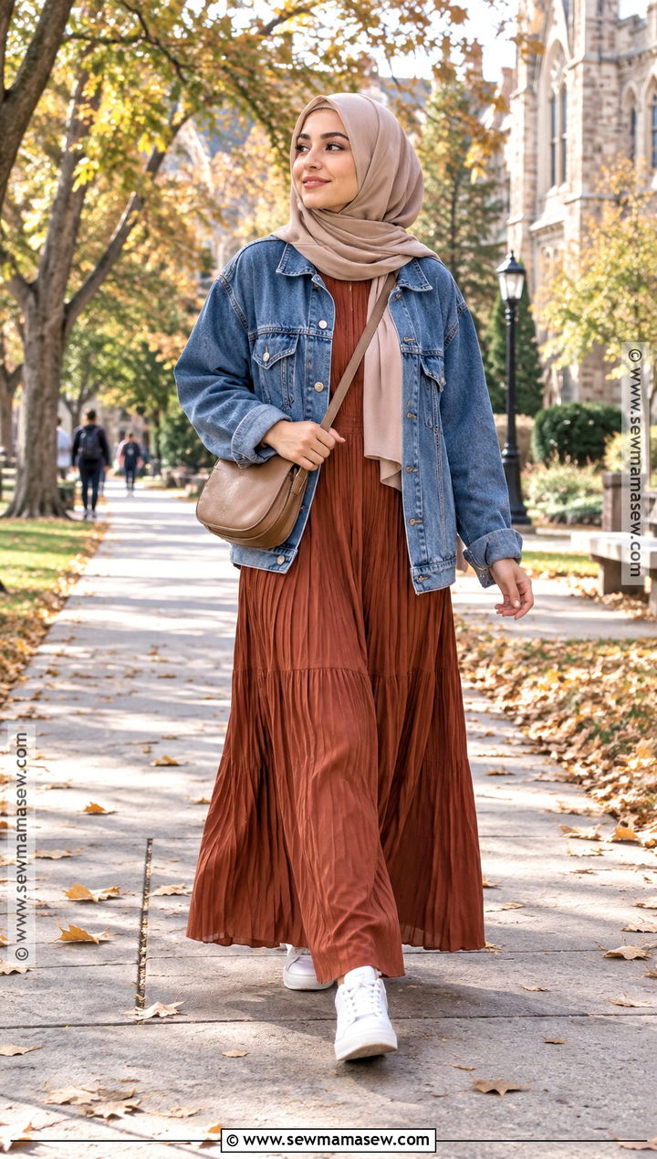 Denim Jacket and Pleated Maxi Dress Hijab Outfit - 25 fall hijab outfits