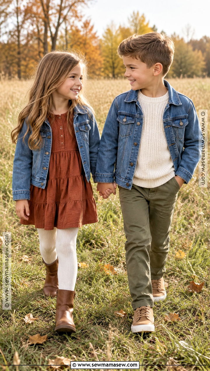 Denim Jackets And Earth Tone Sibling Outfit - 15 Sibling Fall Photoshoot Outfits