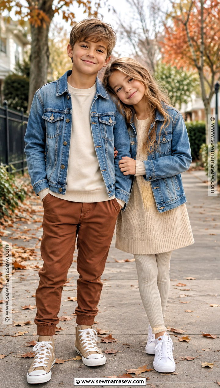 Denim Jackets And Neutral Layers Sibling Fall Outfit - 15 sibling fall outfits
