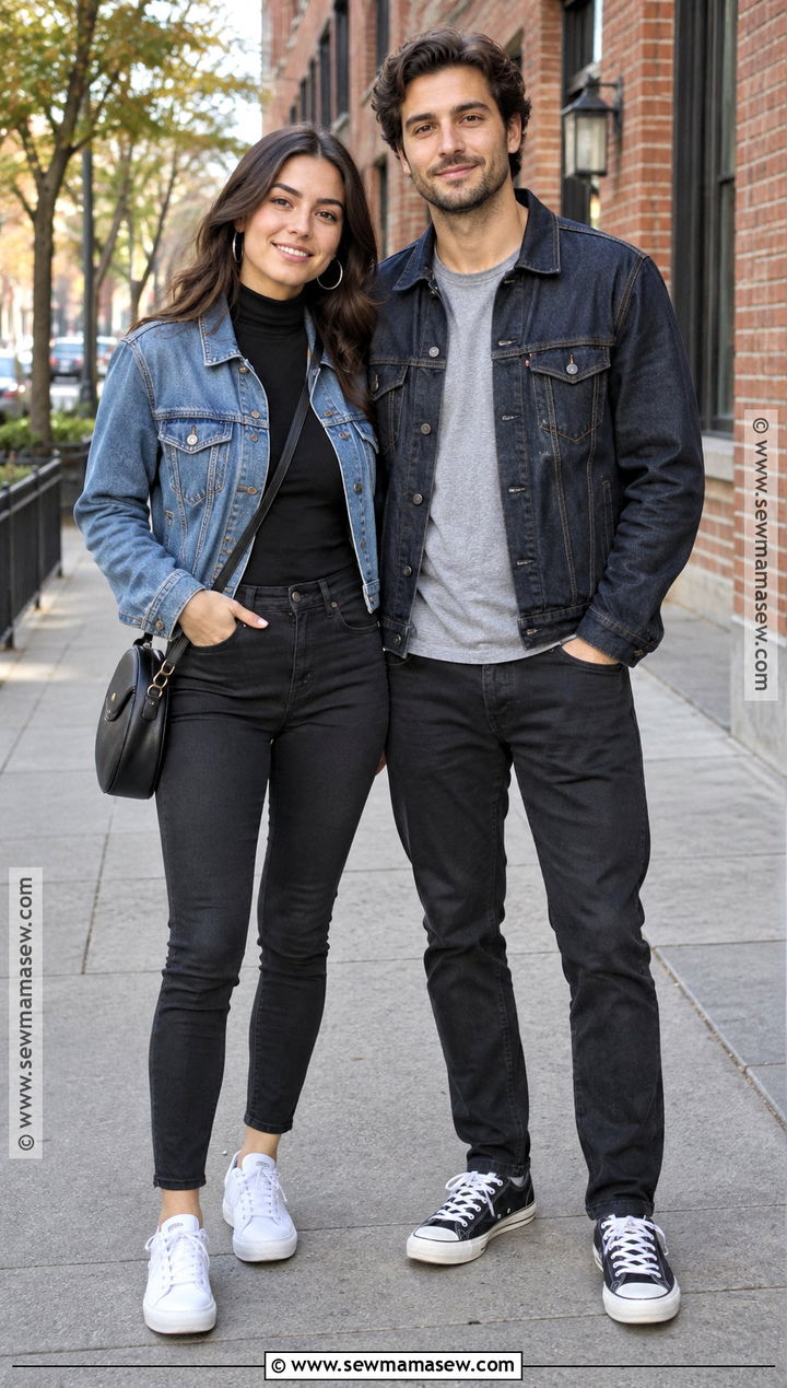 Denim Jackets and Black Jeans Couple Outfit - 15 Fall Couple Photos Outfits Casual