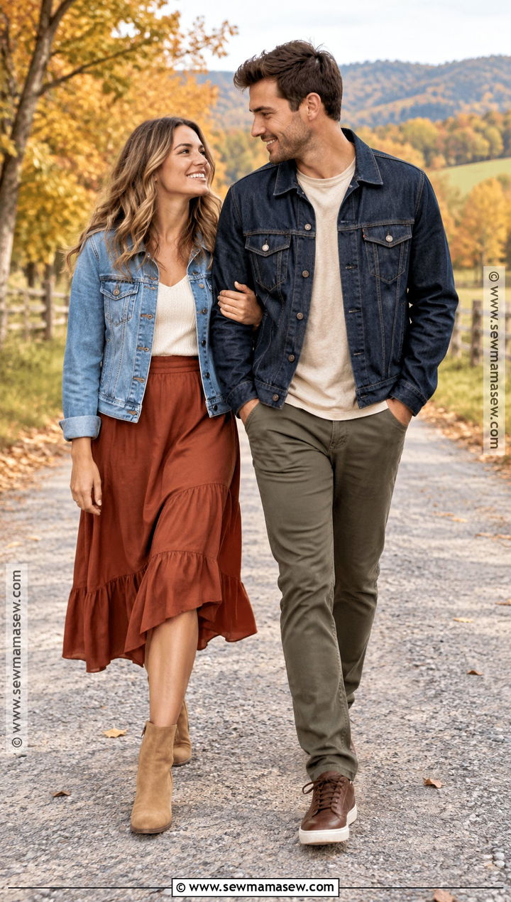 Denim Jackets and Earth Tones Fall Couple Outfit - 15 outfit ideas for couples photoshoot fall