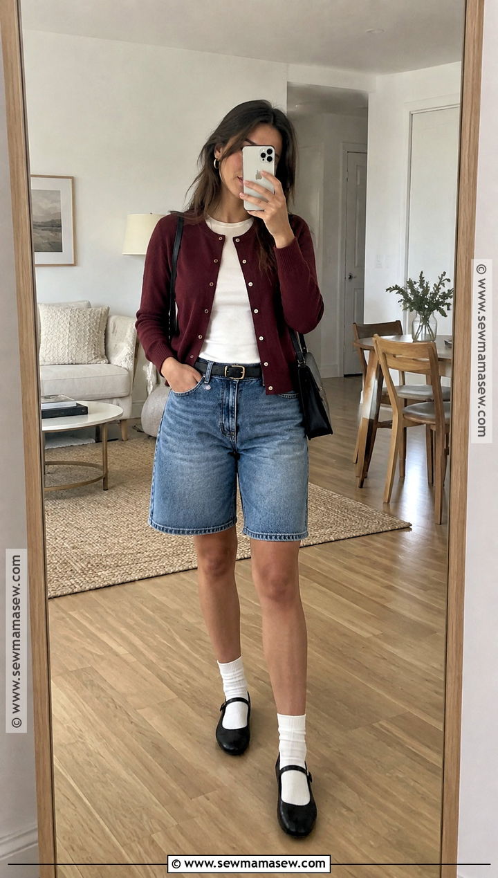 Denim Jorts With Cardigan And Mary Janes - 20 Autumn Outfits With Shorts