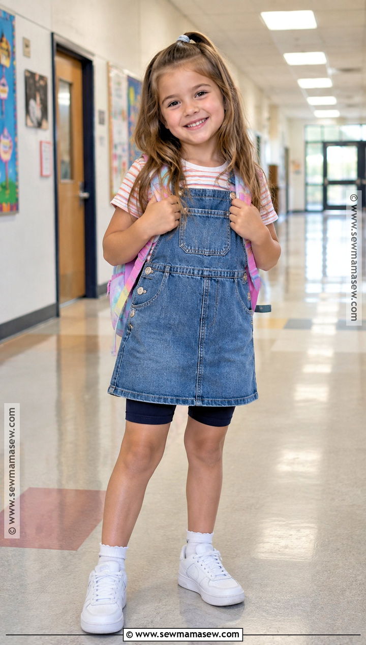 Denim Jumper Dress With T Shirt And Sneakers - 20 Back To School Outfits Kindergarten for Girls