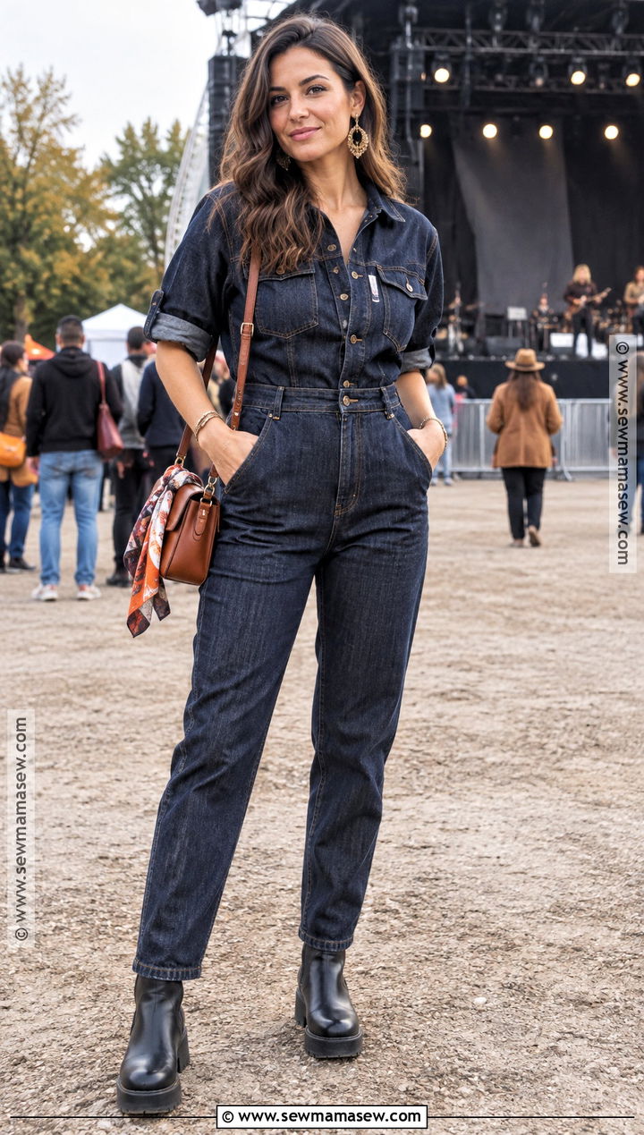 Denim Jumpsuit And Ankle Boots Concert Outfit - 15 concert outfit ideas autumn