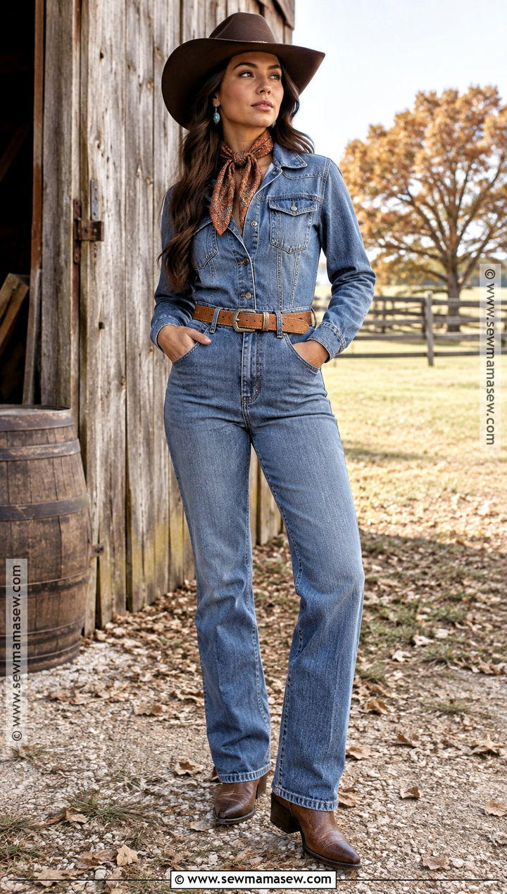 Denim Jumpsuit And Cowboy Boots Fall Photoshoot Outfit - 15 western fall photoshoot outfits