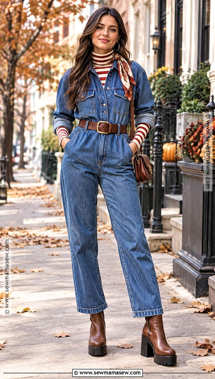 Denim Jumpsuit And Platform Boots Outfit - 25 funky fall fashion ideas