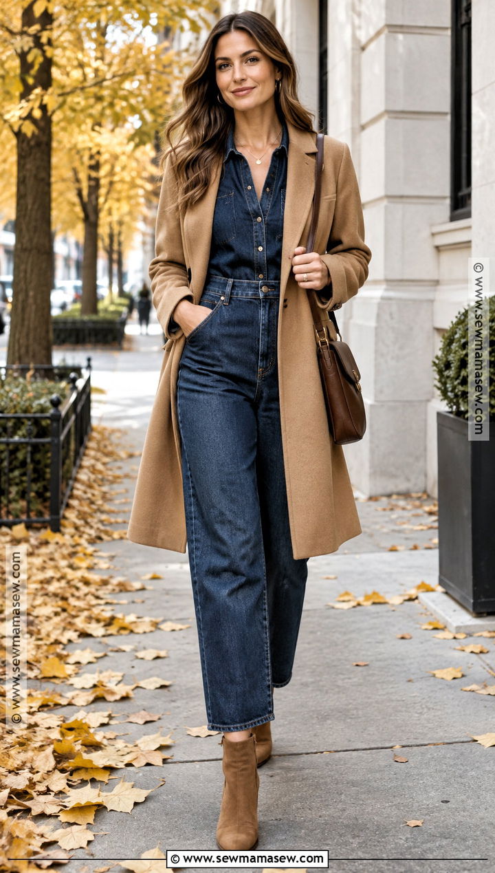 Denim Jumpsuit With Camel Coat And Suede Boots - 20 denim jumpsuit outfit fall ideas