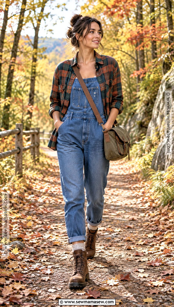 Denim Jumpsuit With Flannel Shirt And Work Boots - 20 denim jumpsuit outfit fall ideas