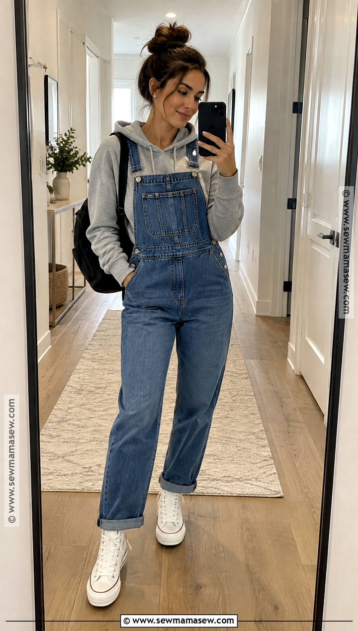 Denim Jumpsuit With Hoodie And High Top Sneakers - 20 denim jumpsuit outfit fall ideas