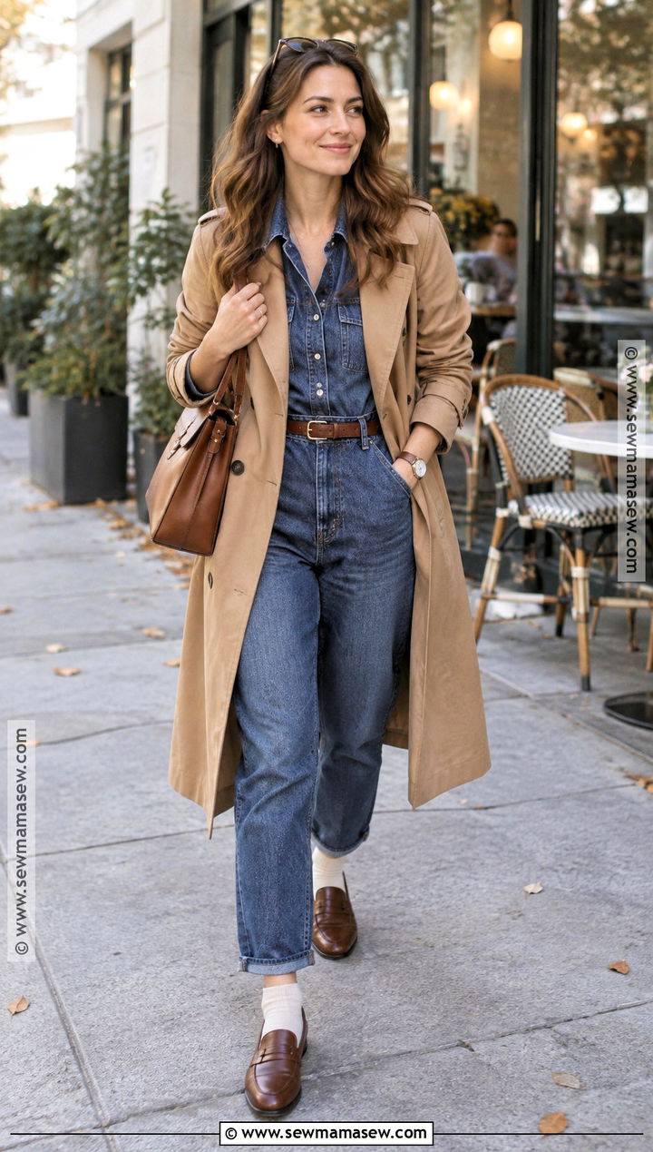 Denim Jumpsuit With Loafers And Trench Coat - 15 Fall Jumpsuit Outfit Ideas