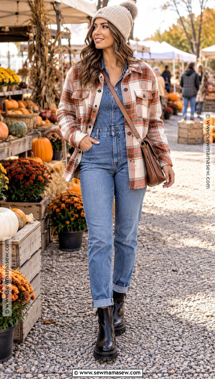 Denim Jumpsuit With Plaid Shacket And Lug Boots - 20 denim jumpsuit outfit fall ideas