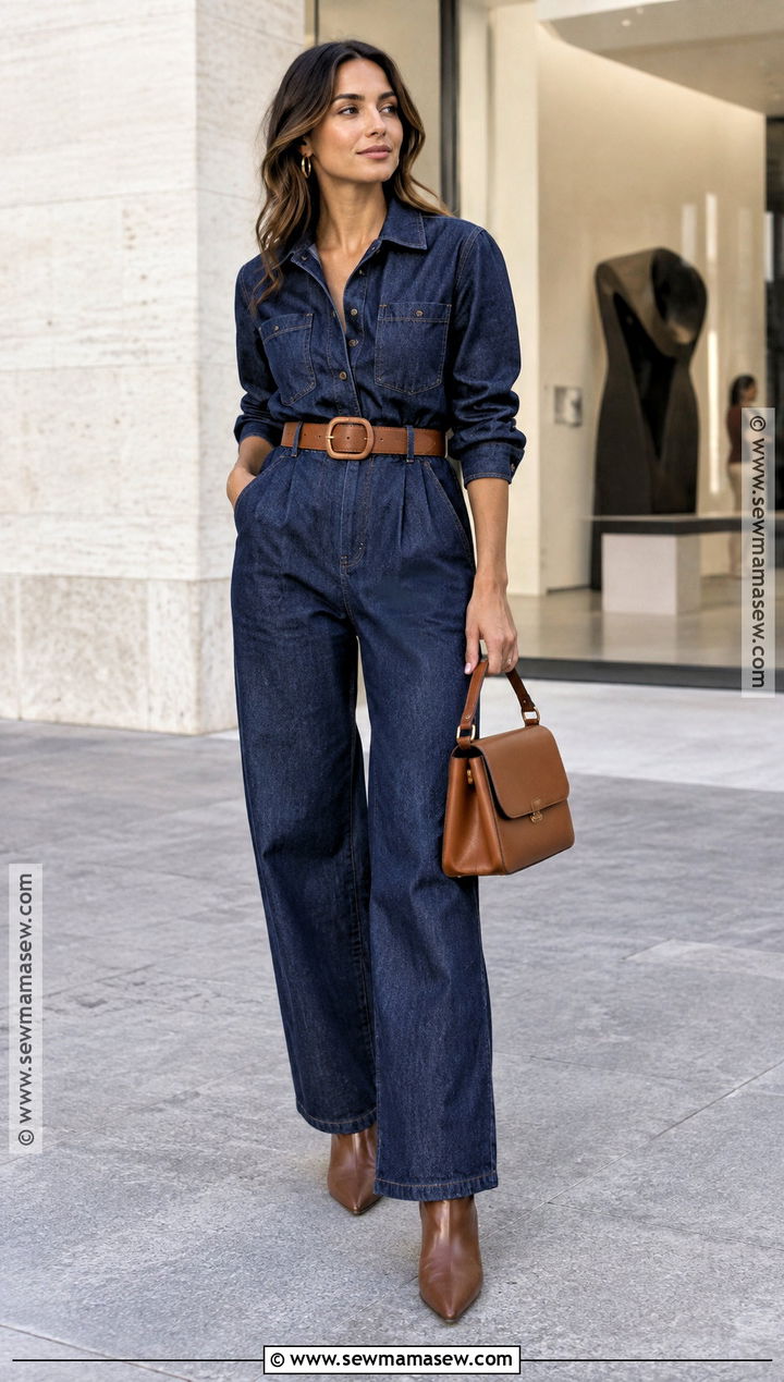 Denim Jumpsuit With Statement Belt And Heeled Boots - 20 denim jumpsuit outfit fall ideas