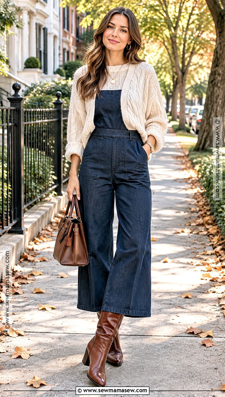 Denim Jumpsuit With Sweater And Knee High Boots - 20 denim jumpsuit outfit fall ideas