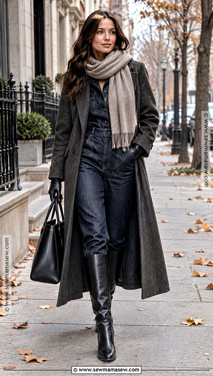 Denim Jumpsuit With Wool Coat And Tall Boots - 20 denim jumpsuit outfit fall ideas