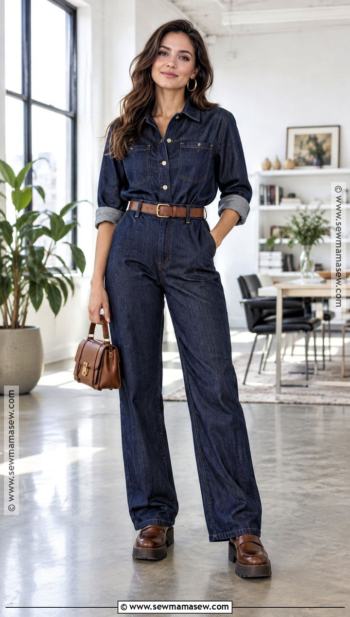 Denim Jumpsuit With a Belt and Platform Loafers - 25 fall denim outfits