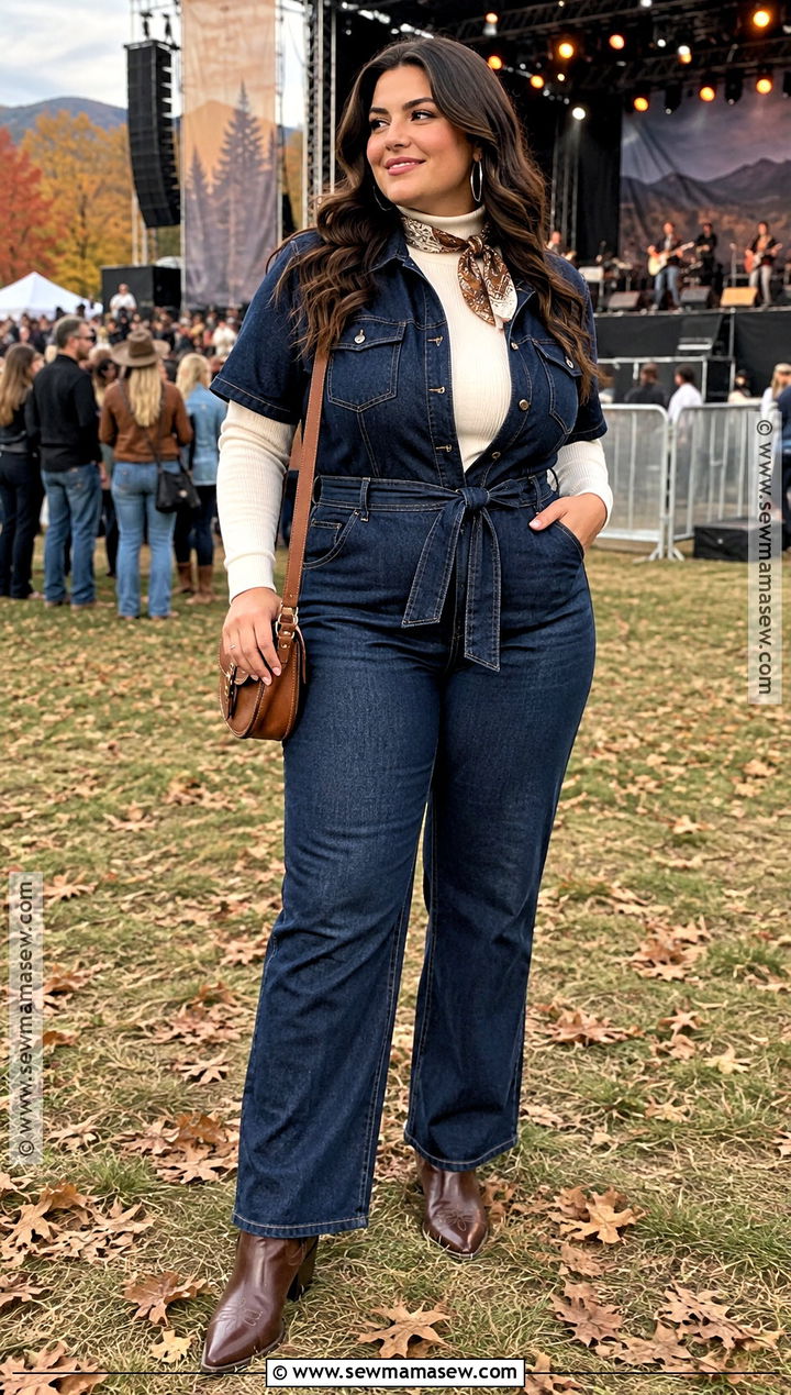 Denim Jumpsuit and Western Boots Country Festival Outfit - 20 country festival outfit fall ideas