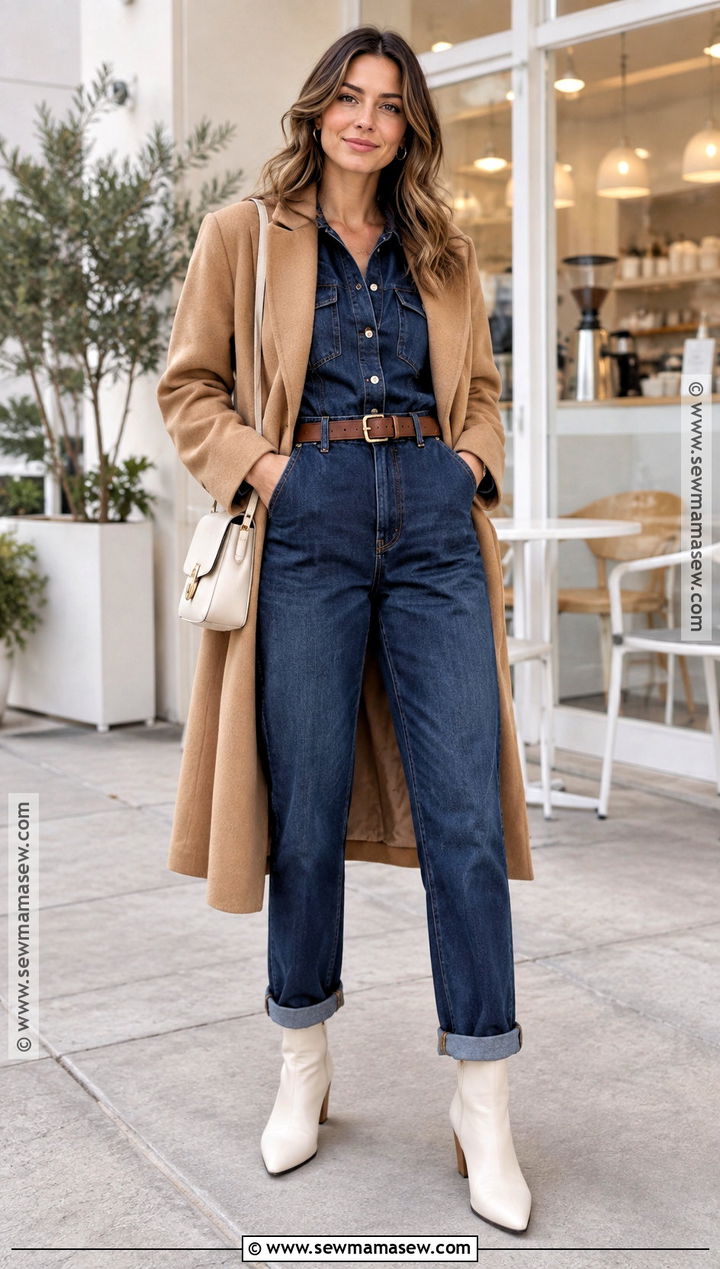 Denim Jumpsuit and White Boots - 20 white boots outfit fall