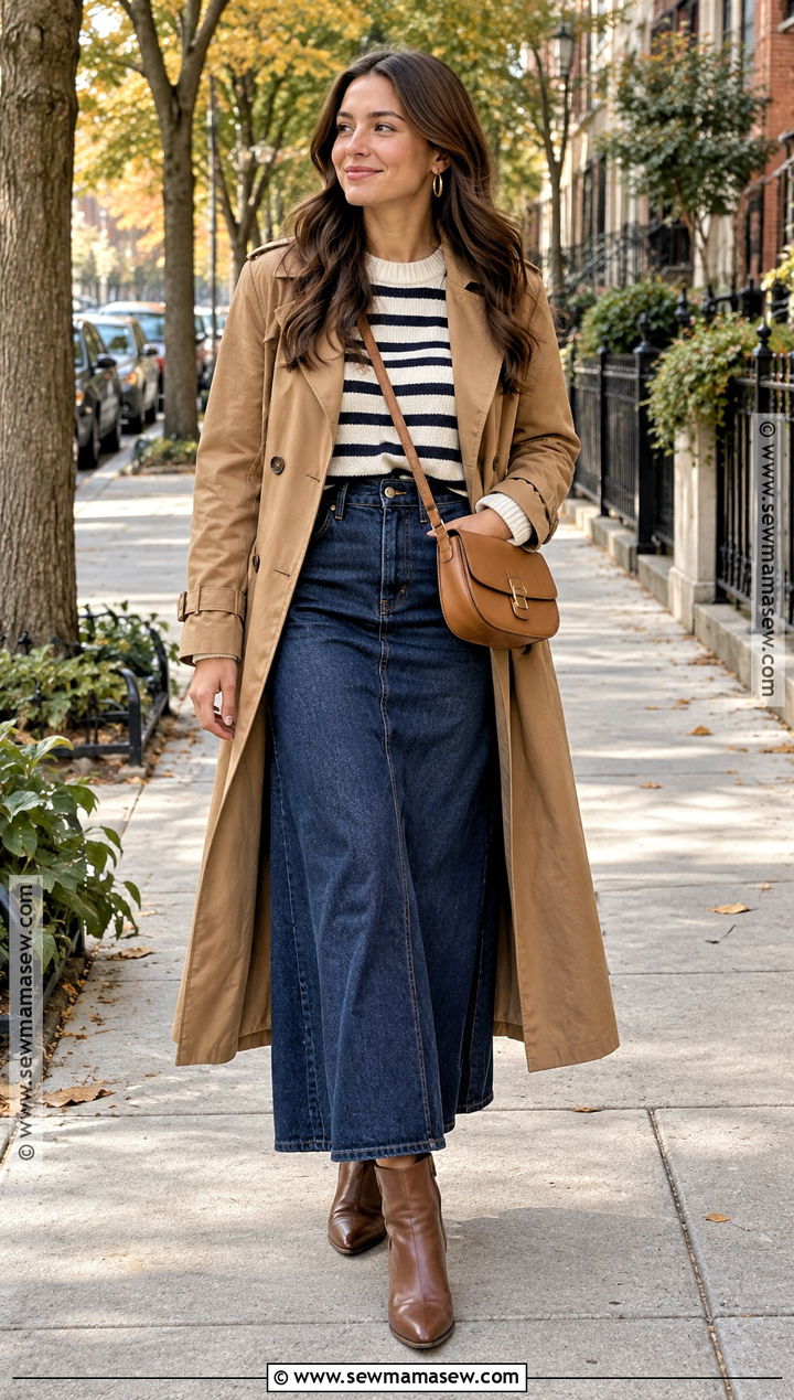 Denim Long Skirt Outfit With Striped Sweater - 25 fall long skirt outfits