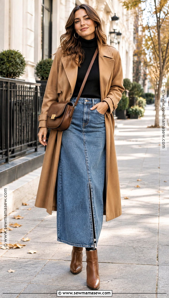 Denim Long Skirt With Turtleneck And Trench Coat - 20 Long Skirt Outfits For Autumn