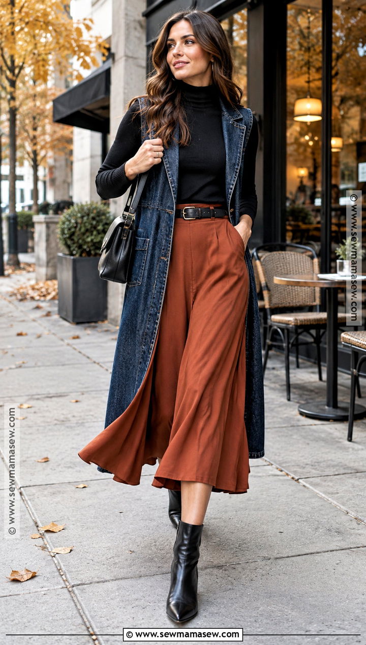 Denim Long Vest With Turtleneck And Midi Skirt - 20 Long Vest Outfit Fall Ideas