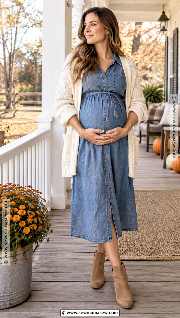 Denim Maternity Dress With Suede Ankle Boots - 20 Fall Maternity Photoshoot Outfits