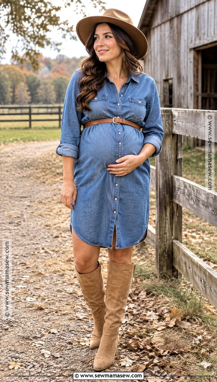Denim Maternity Dress With Suede Rancher Hat - 15 fall maternity photos with hat ideas