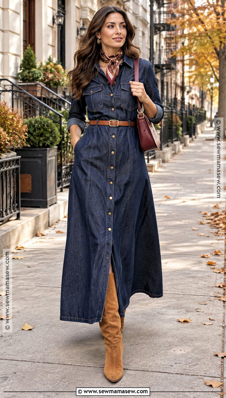 Denim Maxi Dress With Suede Boots - 25 Fall Maxi Dress Ideas