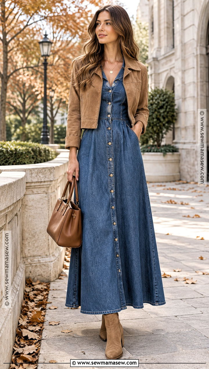 Denim Maxi Dress With Suede Jacket - 25 denim dress outfit fall ideas