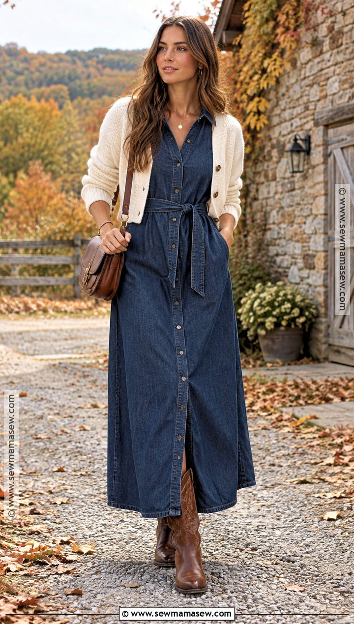 Denim Maxi Dress With Western Boots - 20 fall dresses outfits
