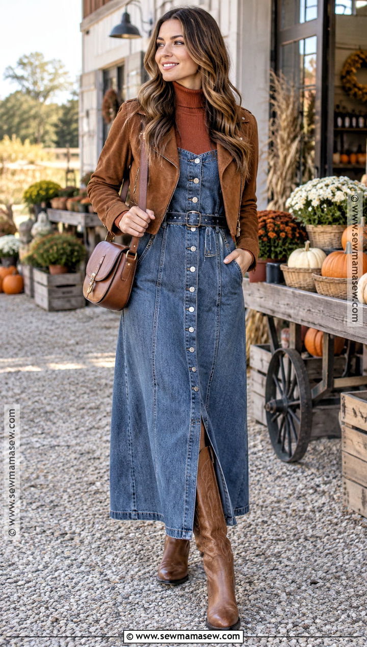 Denim Maxi Dress With Western Boots - 20 cute fall dresses