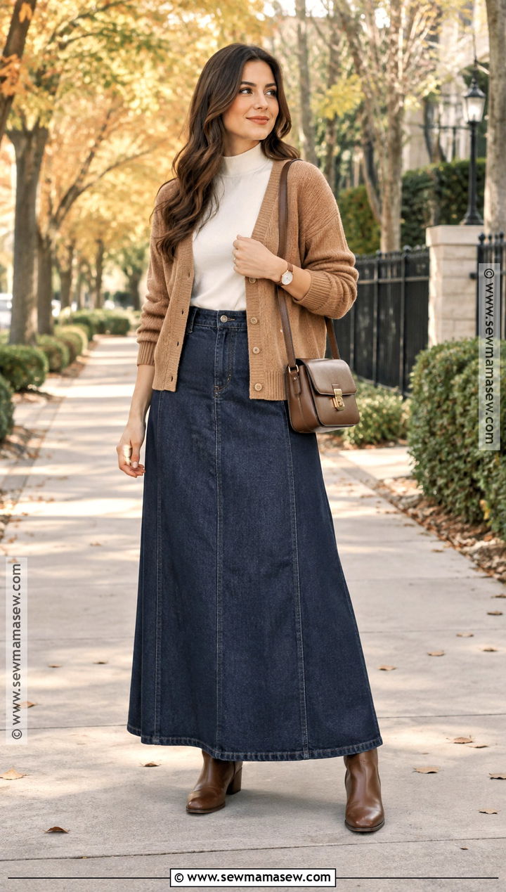 Denim Maxi Skirt And Cardigan Apostolic Fall Outfit - 15 fall outfits apostolic fashion
