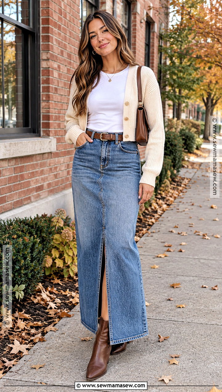 Denim Maxi Skirt And Cardigan Autumn Outfit - 15 Autumn Styles 2026