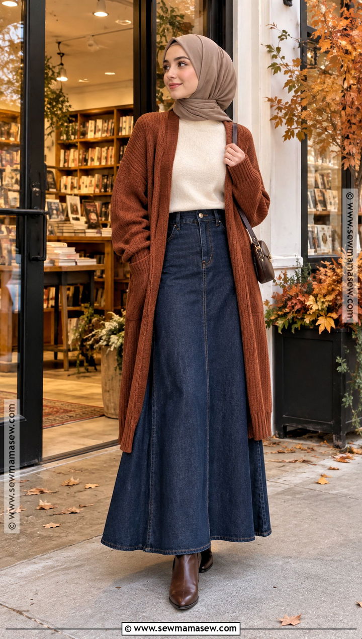 Denim Maxi Skirt And Cardigan Outfit - 20 fall outfits for hijabis