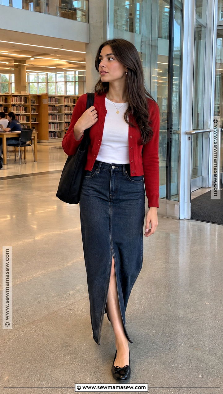 Denim Maxi Skirt And Cropped Cardigan Back To School Outfit - 15 back to school outfit list ideas