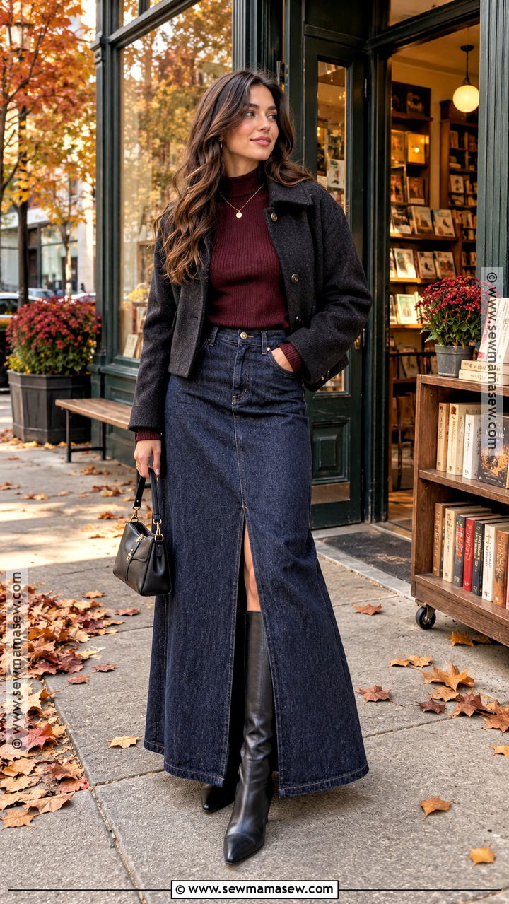 Denim Maxi Skirt And Fitted Knit Date Night Outfit - 20 casual fall date night outfit ideas