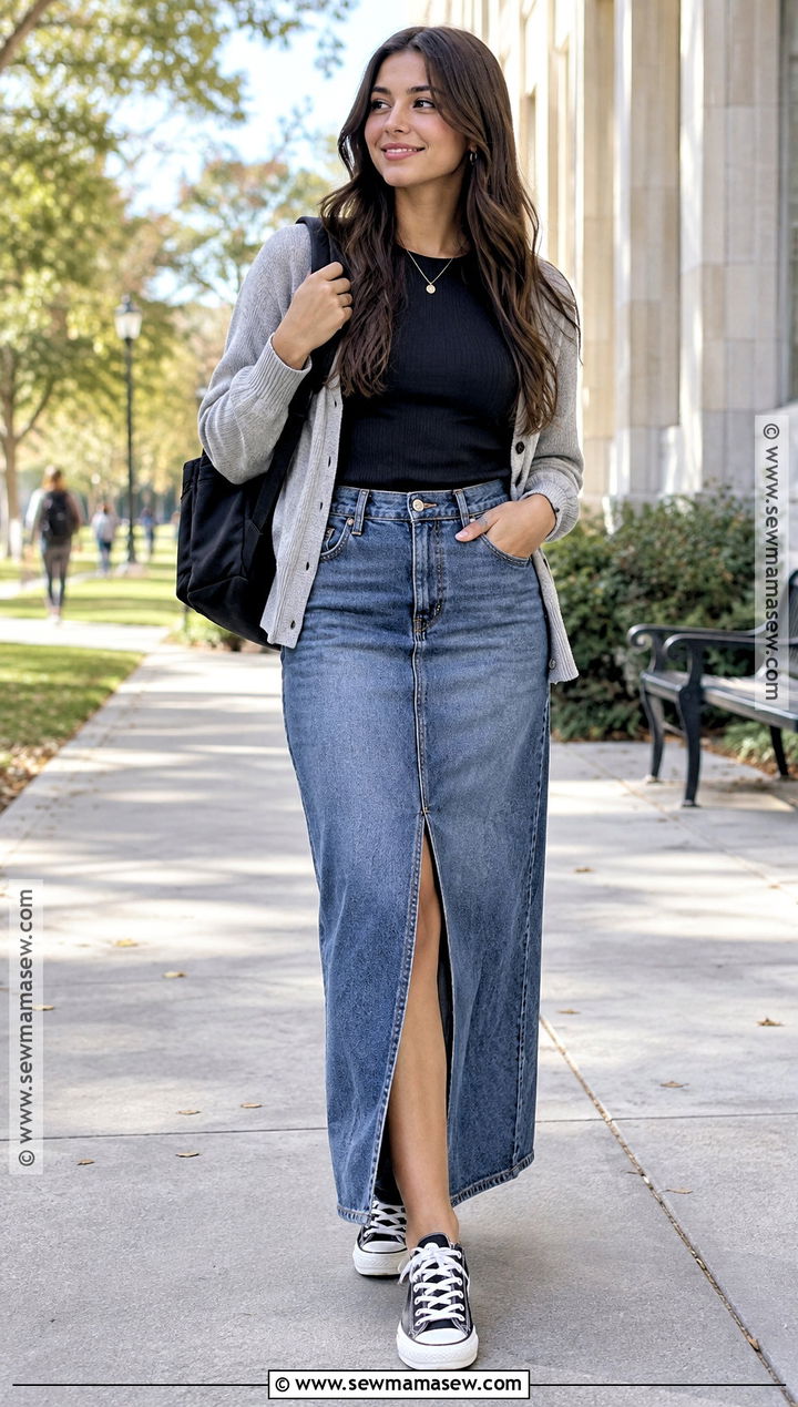 Denim Maxi Skirt And Fitted T Shirt Back To School Outfit - 15 cute basic back to school outfits