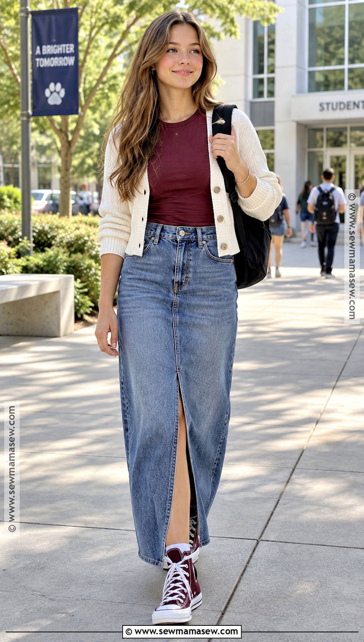 Denim Maxi Skirt And Fitted Tee School Outfit - 15 back to school looks for high school
