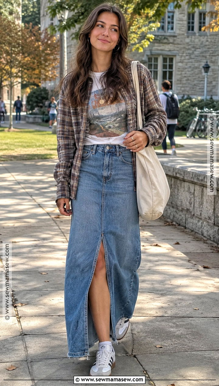 Denim Maxi Skirt And Graphic Tee School Outfit - 15 Back To School Outfits Fall 2026