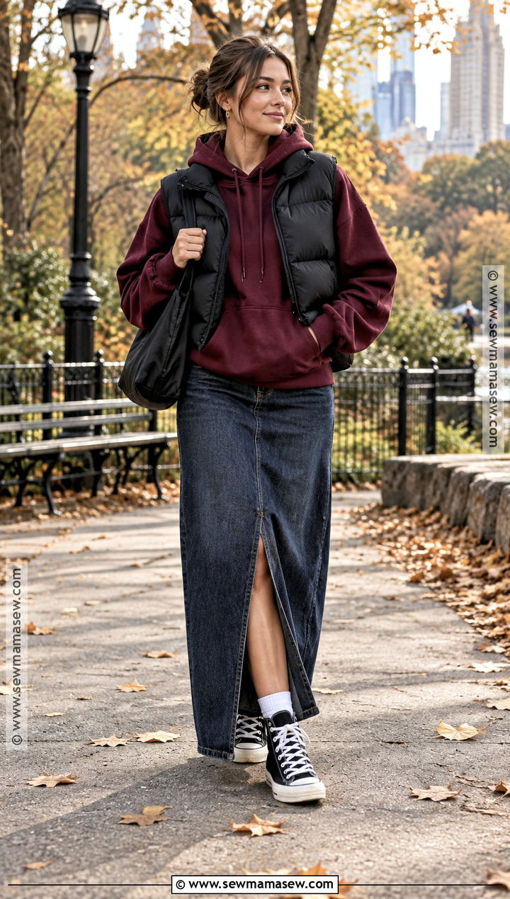 Denim Maxi Skirt And Hoodie Autumn Streetwear Outfit - 20 autumn streetwear ideas
